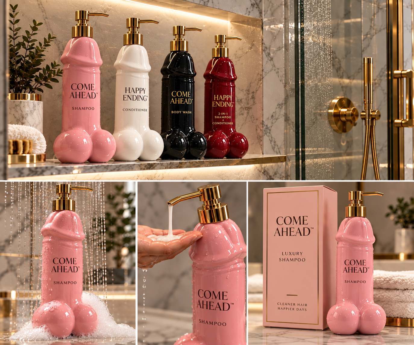 Come Ahead and Happy Ending bottle collection on a marble shelf