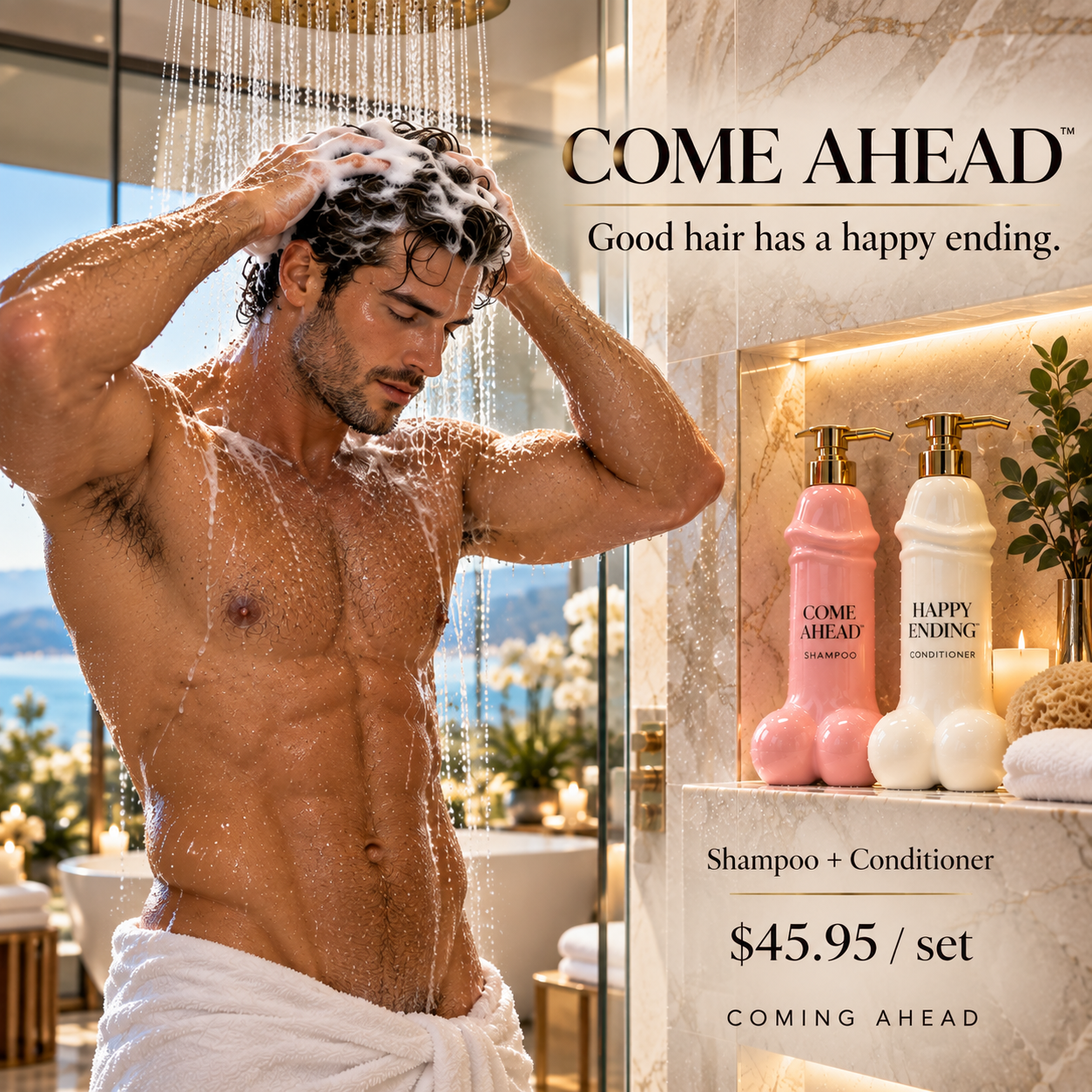 Man shampooing in a luxury marble shower beside Come Ahead and Happy Ending bottles